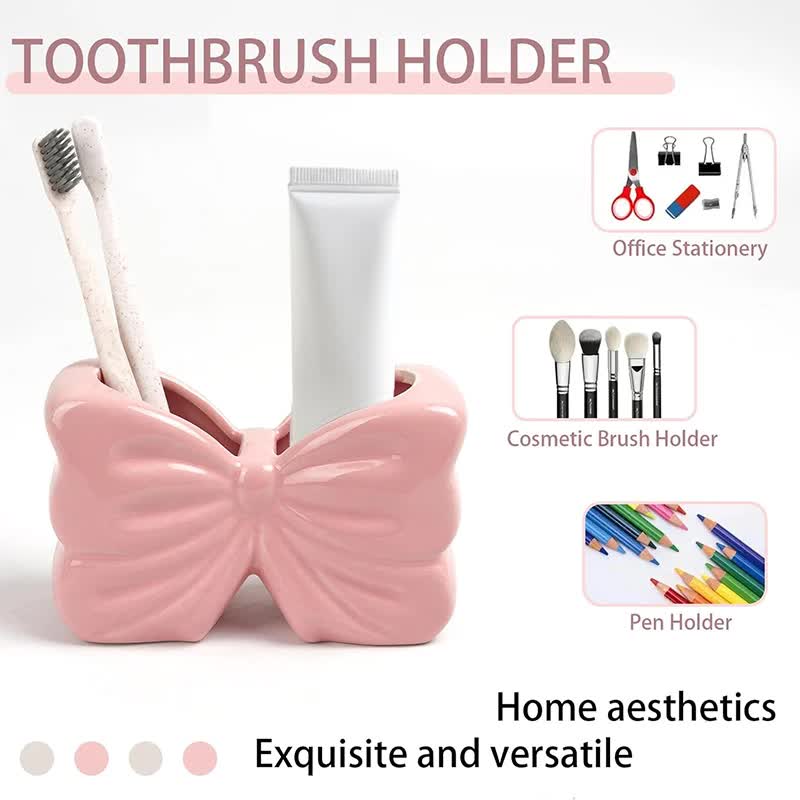 2-Pack Pink & White Chic Bowknot 2-Slot Toothbrush Holder - Resin Retro Cute Desktop Decorative Stand