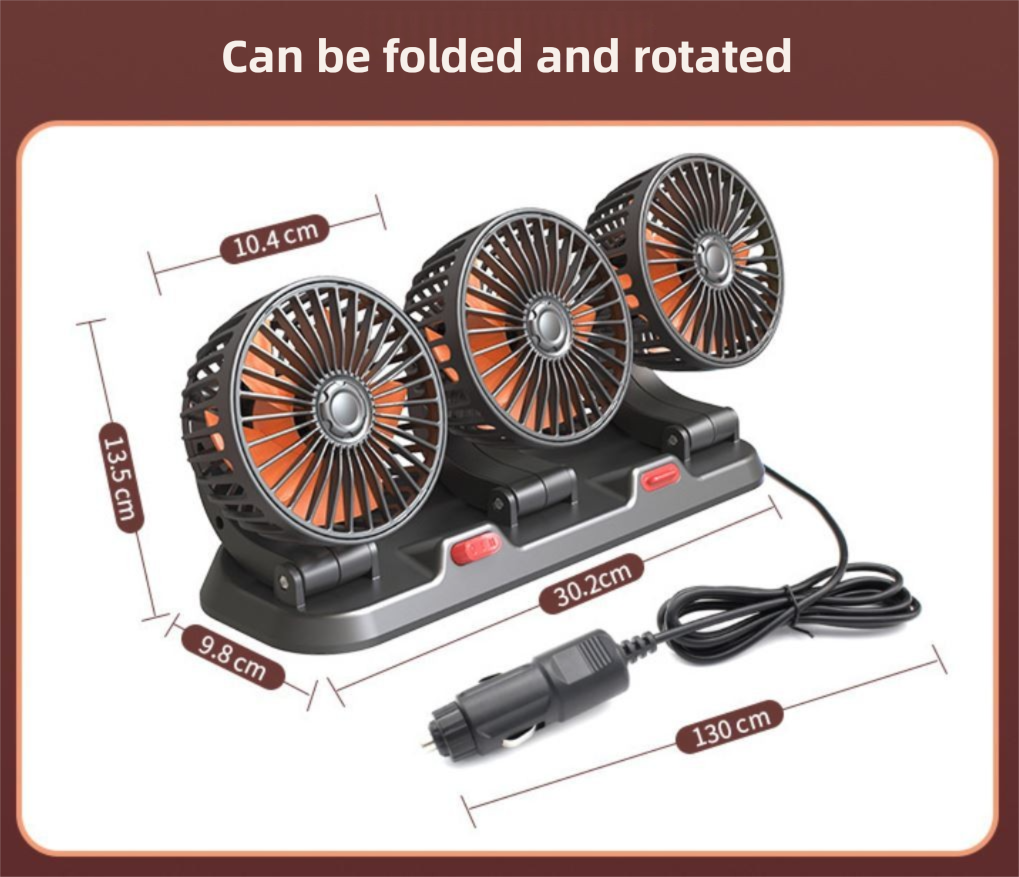 3-in-1 Powerful Car Dual Head Fan (USB Power) - Quiet Cooling Fan Integrated Aromatherapy & Number Plate, with 360° Rotation & 130cm Long Cord