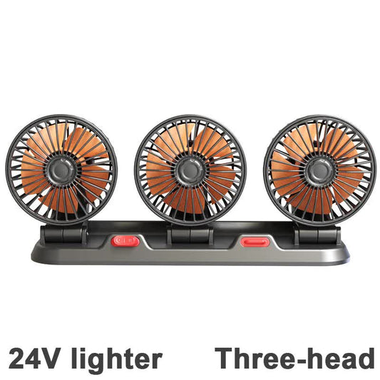 3-in-1 Powerful Car Triple Head Fan (24V Lighter Power) - Quiet Cooling Fan Integrated Aromatherapy & Number Plate, with 360° Rotation & 130cm Long Cord
