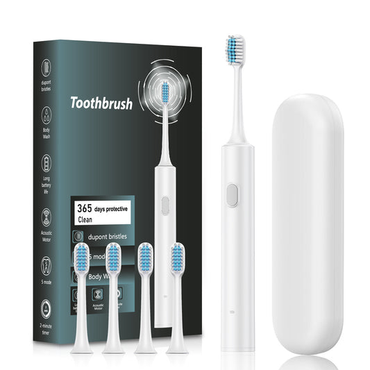 White Sonic Electric Toothbrush Kit with 5 Cleaning Modes, 4 Heads & Travel Case - Smart Timer & Quad-Pacer, Soft Double-Arc Bristles and 120-Day Long Battery Life