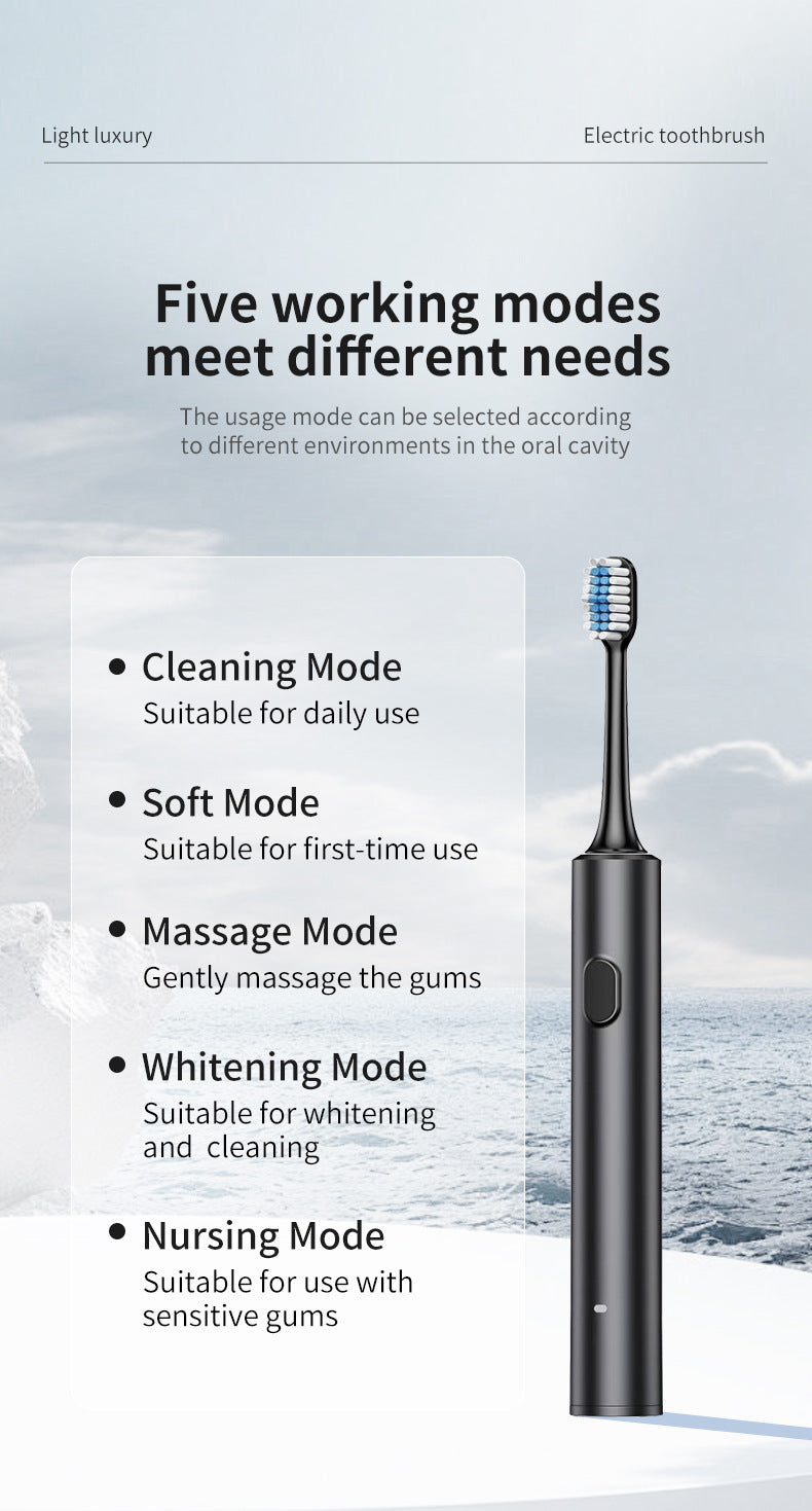 Black Sonic Electric Toothbrush Kit with 5 Cleaning Modes, 8 Heads & Travel Case - Smart Timer & Quad-Pacer, Soft Double-Arc Bristles and 120-Day Long Battery Life