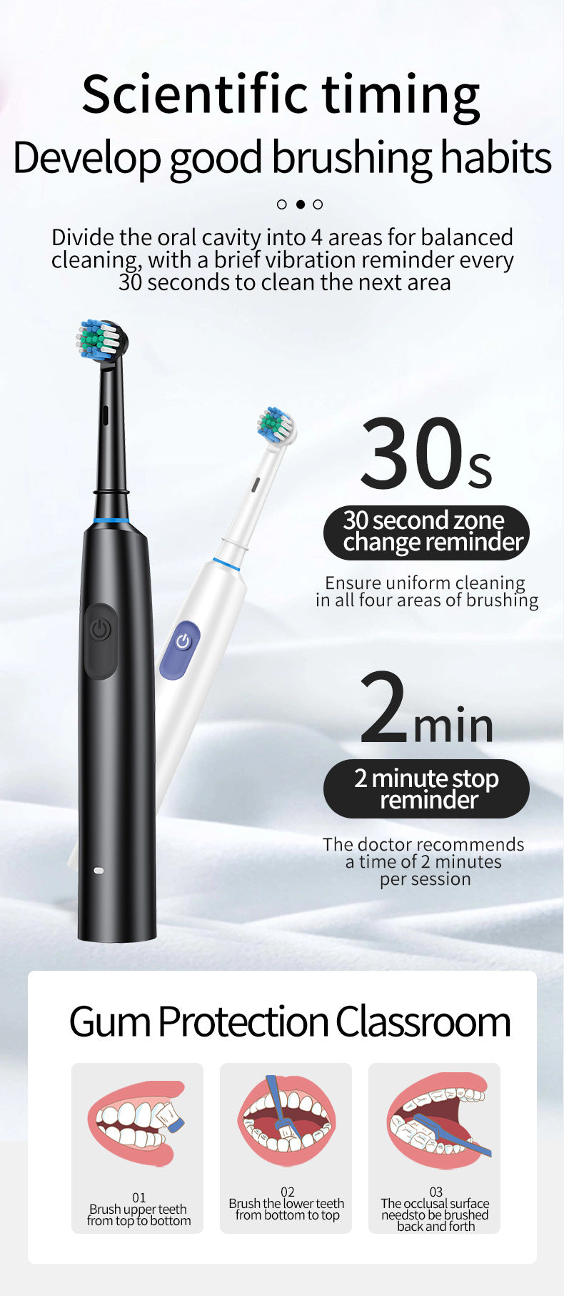 White Rotating Round Head Electric Toothbrush Kit with 8 Heads & Case - 3D Oscillating Mechanical Cleaning for Deep Plaque Removal