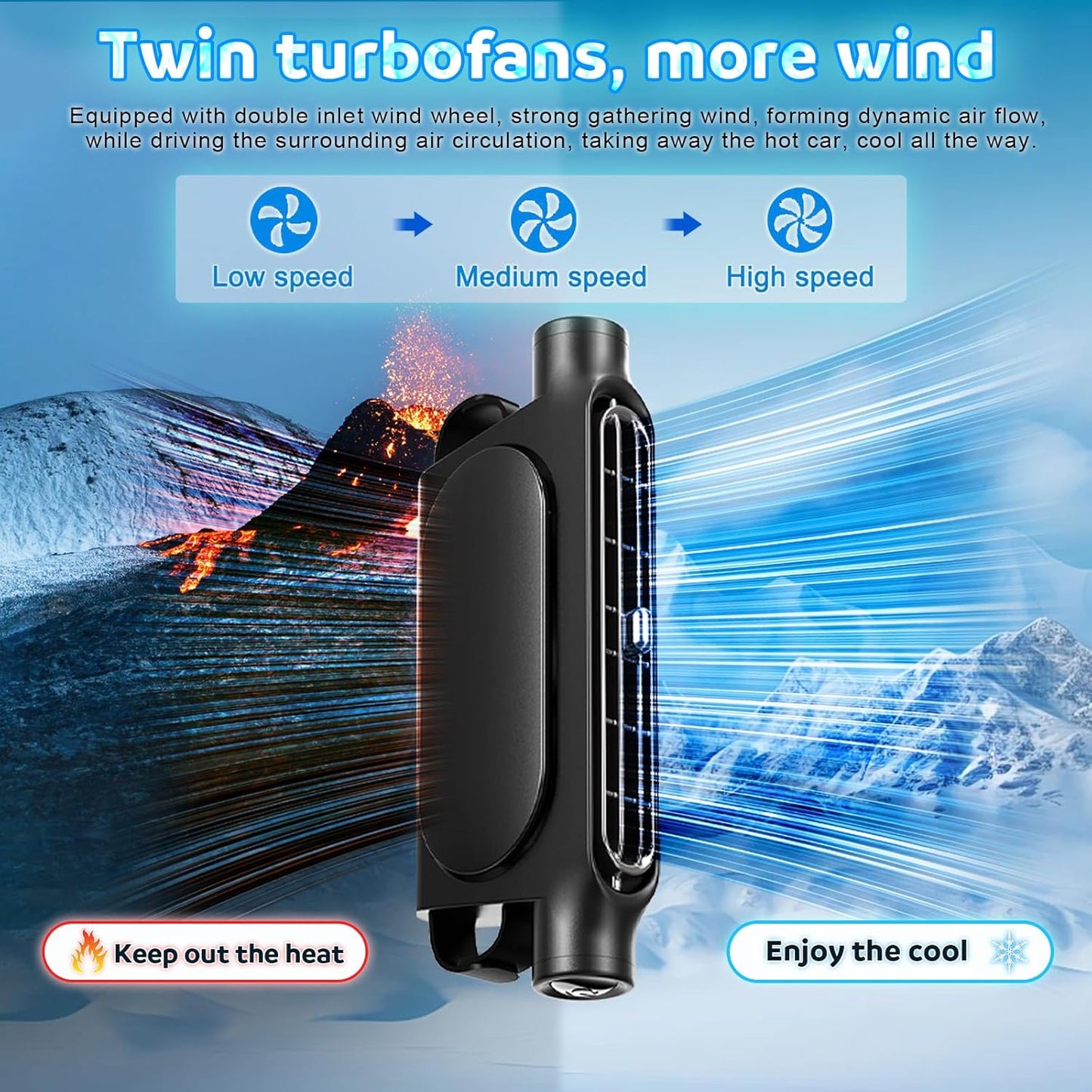Black Cordless Dual-Turbo Car Seat Cooling Fan with Velcro Mount - Powerful 3-Speed Backrest Ventilation, Adjustable Airflow Angle & Hair-Safe Design