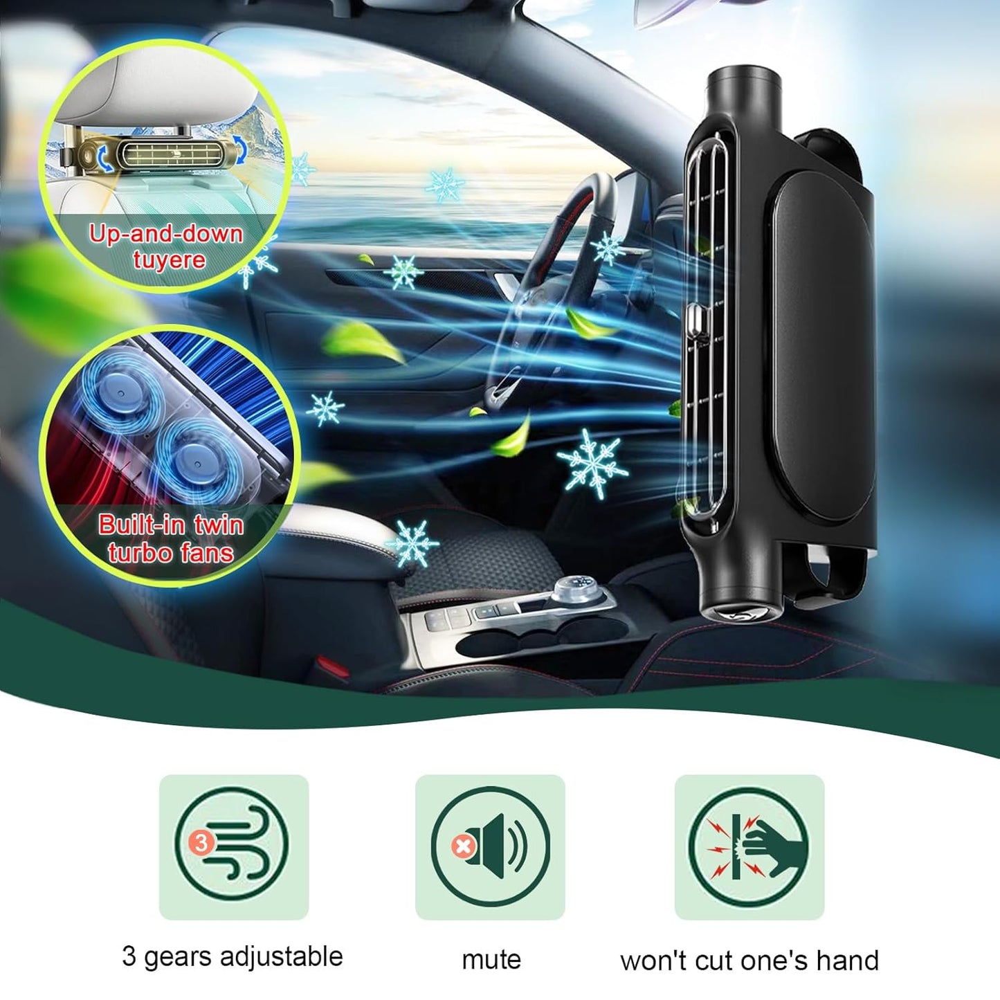 Beige Cordless Dual-Turbo Car Seat Cooling Fan with Velcro Mount - Powerful 3-Speed Backrest Ventilation, Adjustable Airflow Angle & Hair-Safe Design