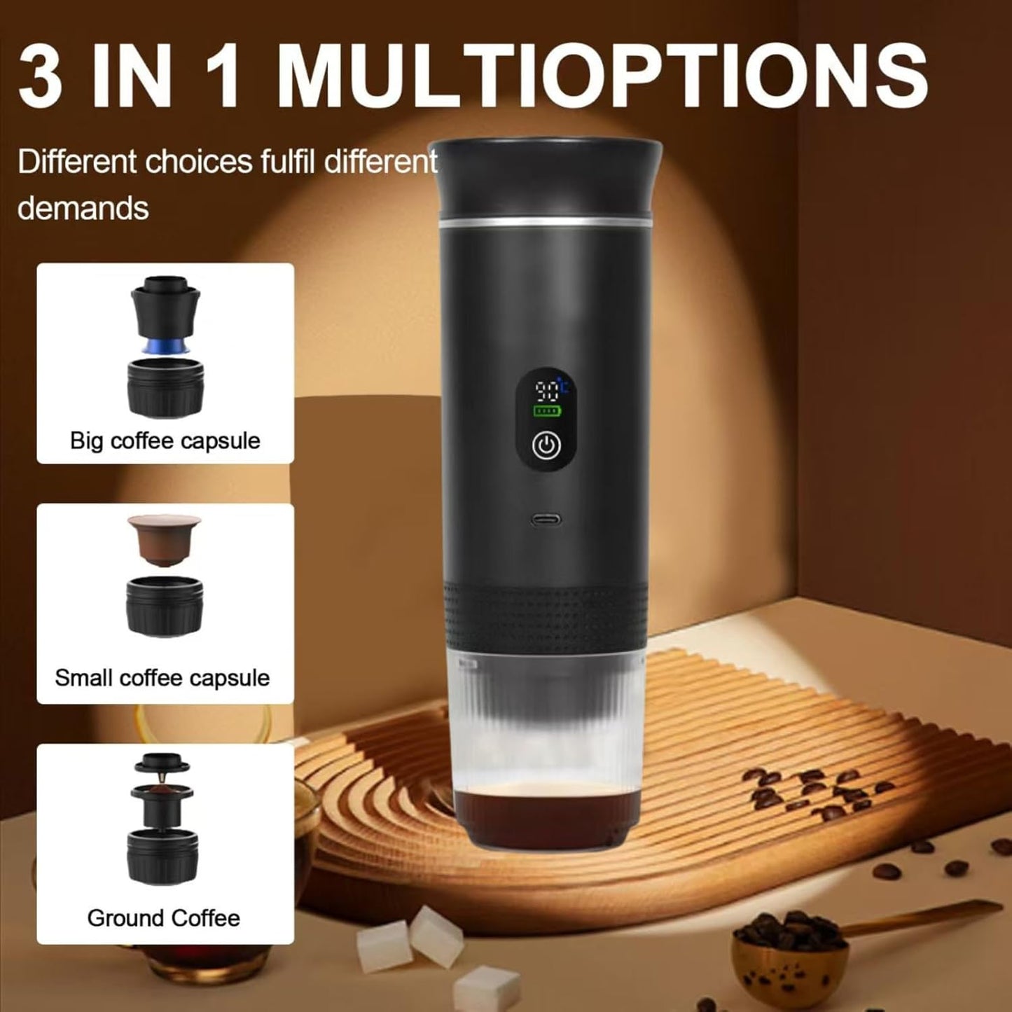 Sliver 3-in-1 Portable Espresso Maker with Self-Heating and One-Touch Cold Hot Brew - Smart Digital Display & 20Bar High Pressure for Rich Crema