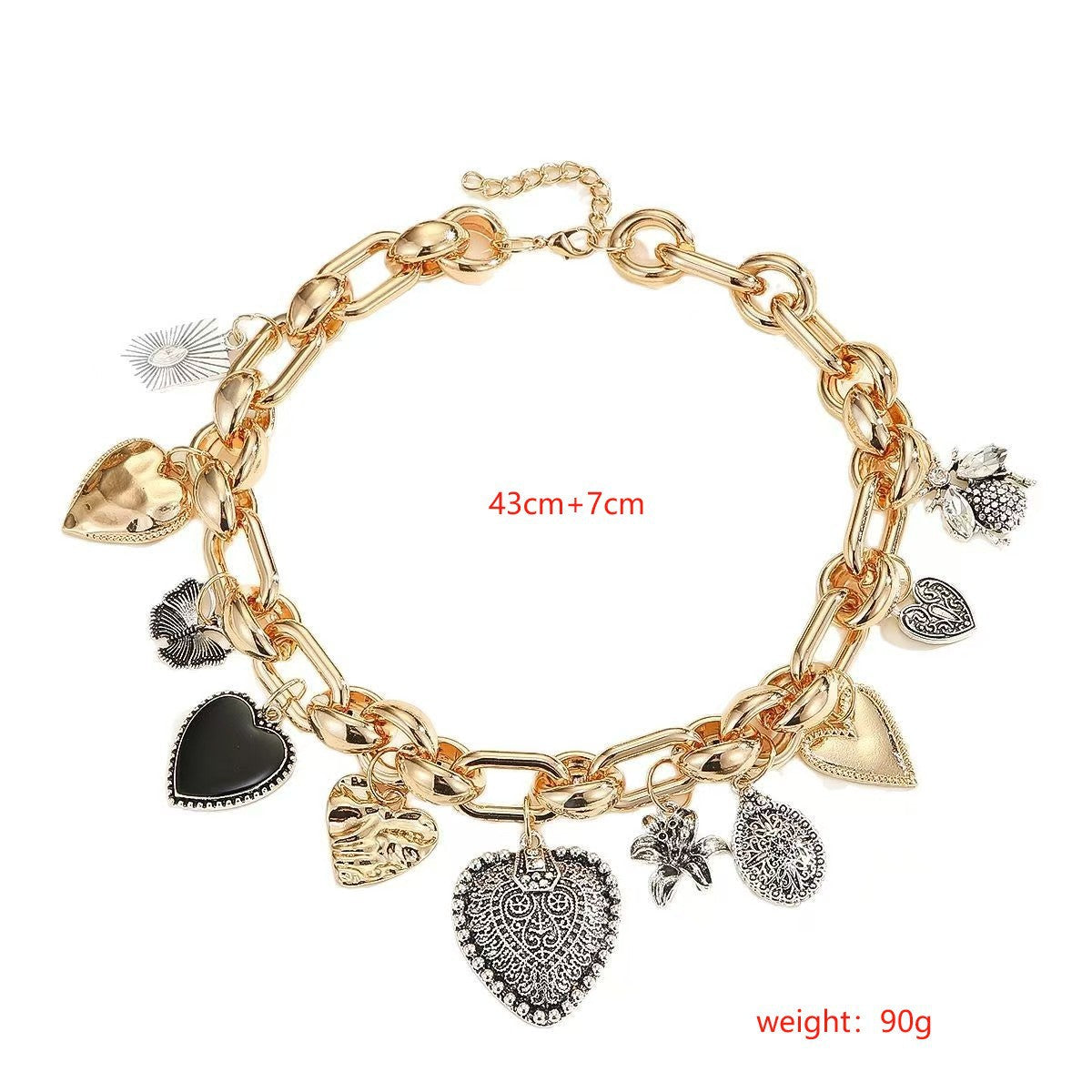 European and American Statement Exaggerated Heart & Floral Rhinestone Necklace - Adjustable Retro Chunky Clavicle Chain (Gold)