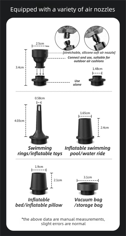Black Wireless Rechargeable Vacuum Pump with 5 Versatile Nozzles - 2-in-1 Compact High-Suction Inflator & Deflator for Travel & Home