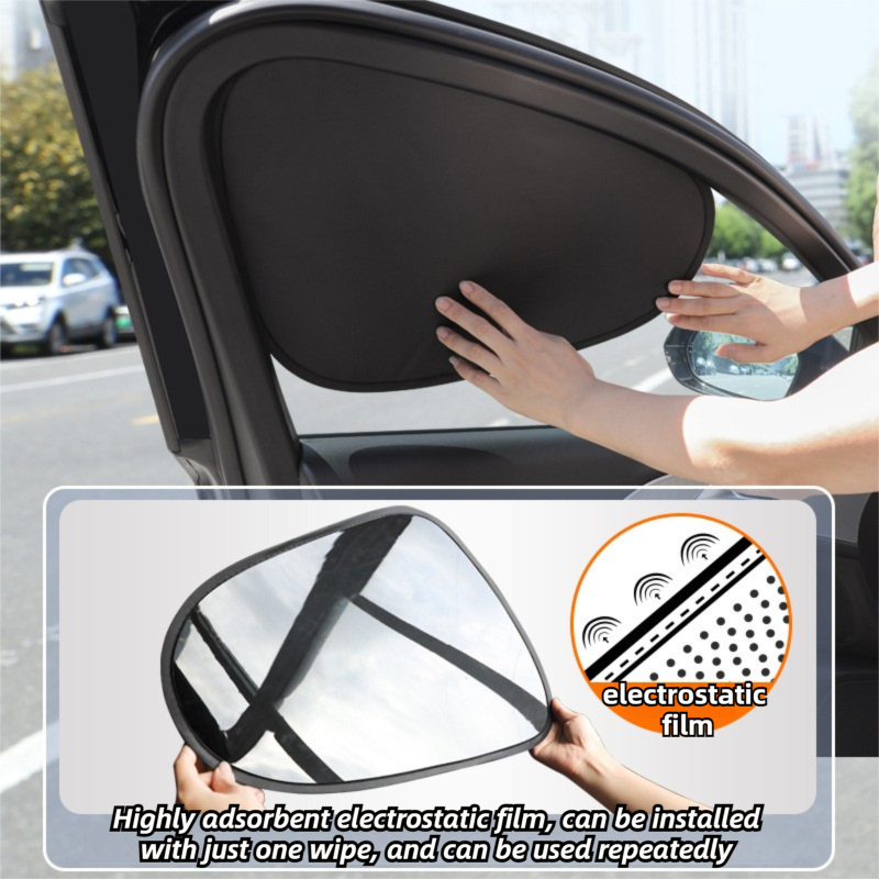 4-PCS Static Cling Car Window Sunshades Set - Glue-Free Insulating Total Blackout Fabric & Foldable Memory Wire Frame