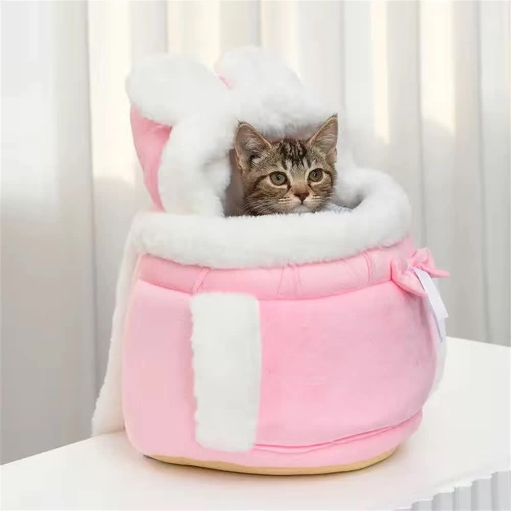 Pink 2-in-1 Ultra-Soft Plush Pet Carrier & Mobile Bed - Portable & Lightweight Cute Rabbit Ear Design Travel Cabin (XL 38 x 25 x 30CM)