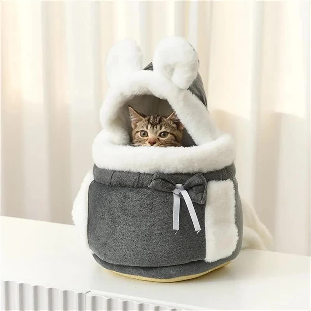 Grey 2-in-1 Ultra-Soft Plush Pet Carrier & Mobile Bed - Portable & Lightweight Cute Rabbit Ear Design Travel Cabin (L 33 x 25 x 27CM)
