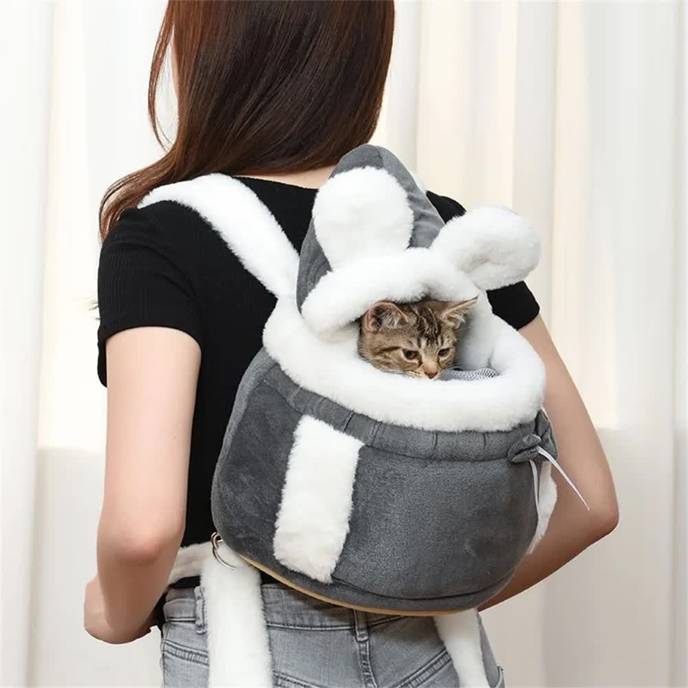 Grey 2-in-1 Ultra-Soft Plush Pet Carrier & Mobile Bed - Portable & Lightweight Cute Rabbit Ear Design Travel Cabin (XL 38 x 25 x 30CM)
