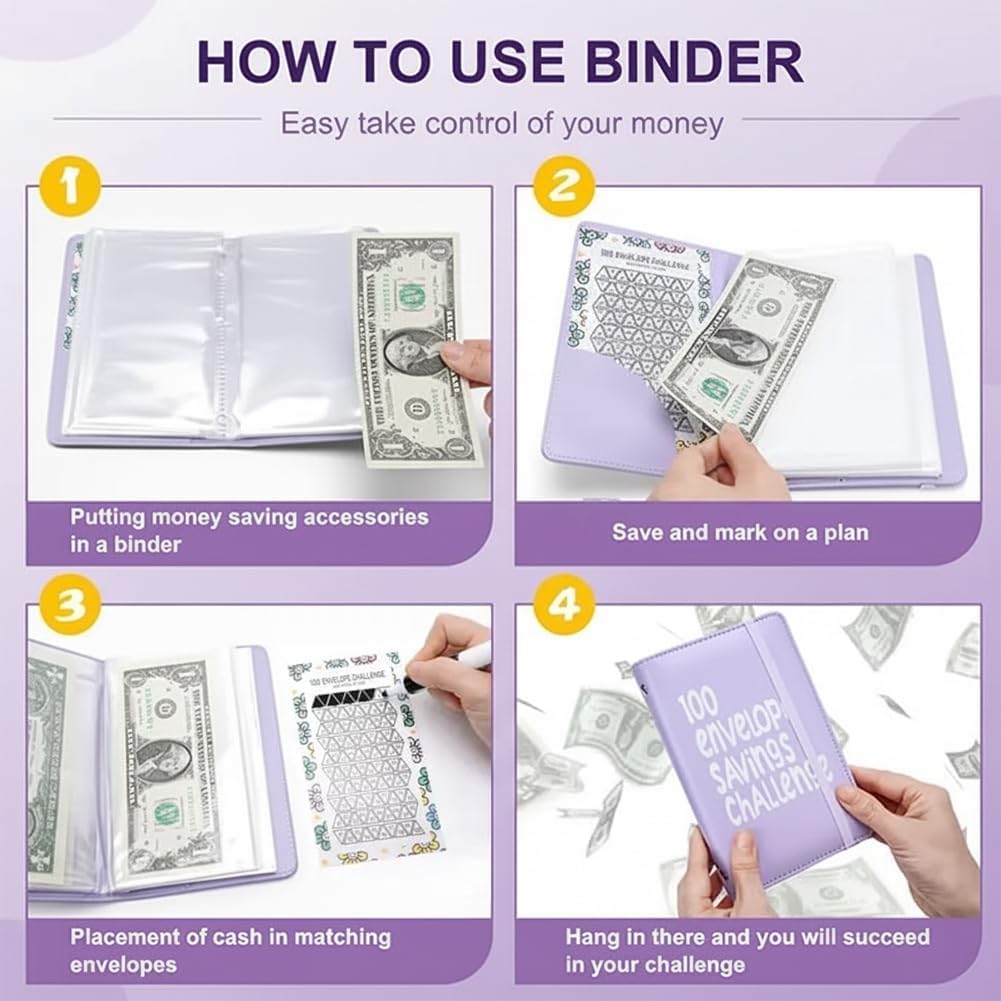Two-Player 100 Days Envelope Savings Challenge with 50 Clear Double-Sided Pages - Portable A6 Size for Budgeting & Financial Goals (Purple + Black)