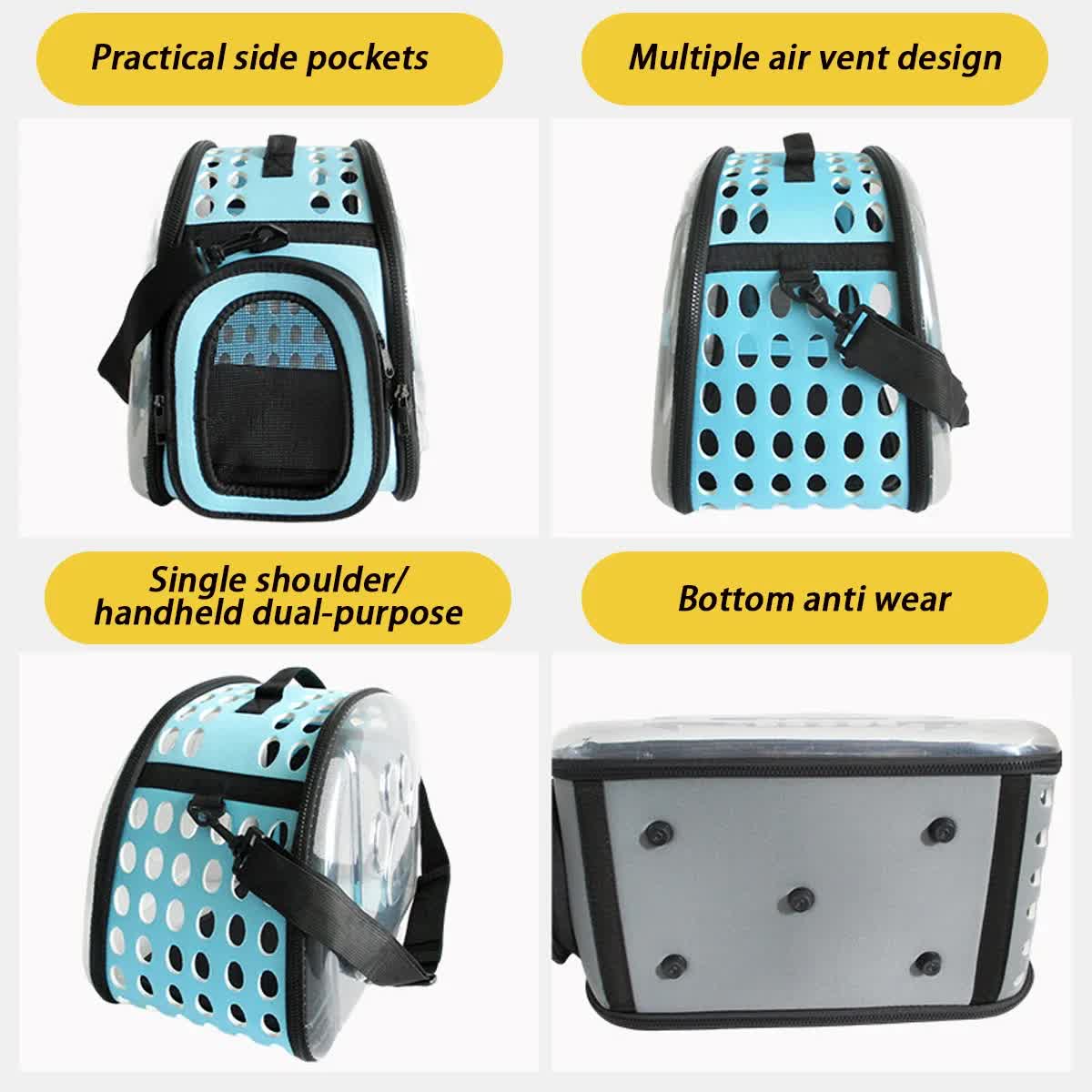 Blue Foldable Breathable Pet Carrier with Panoramic Window & Strap - EVA &  Lychee Leather Crossbody Travel Bag (L 42 x 33 x 28.5CM)