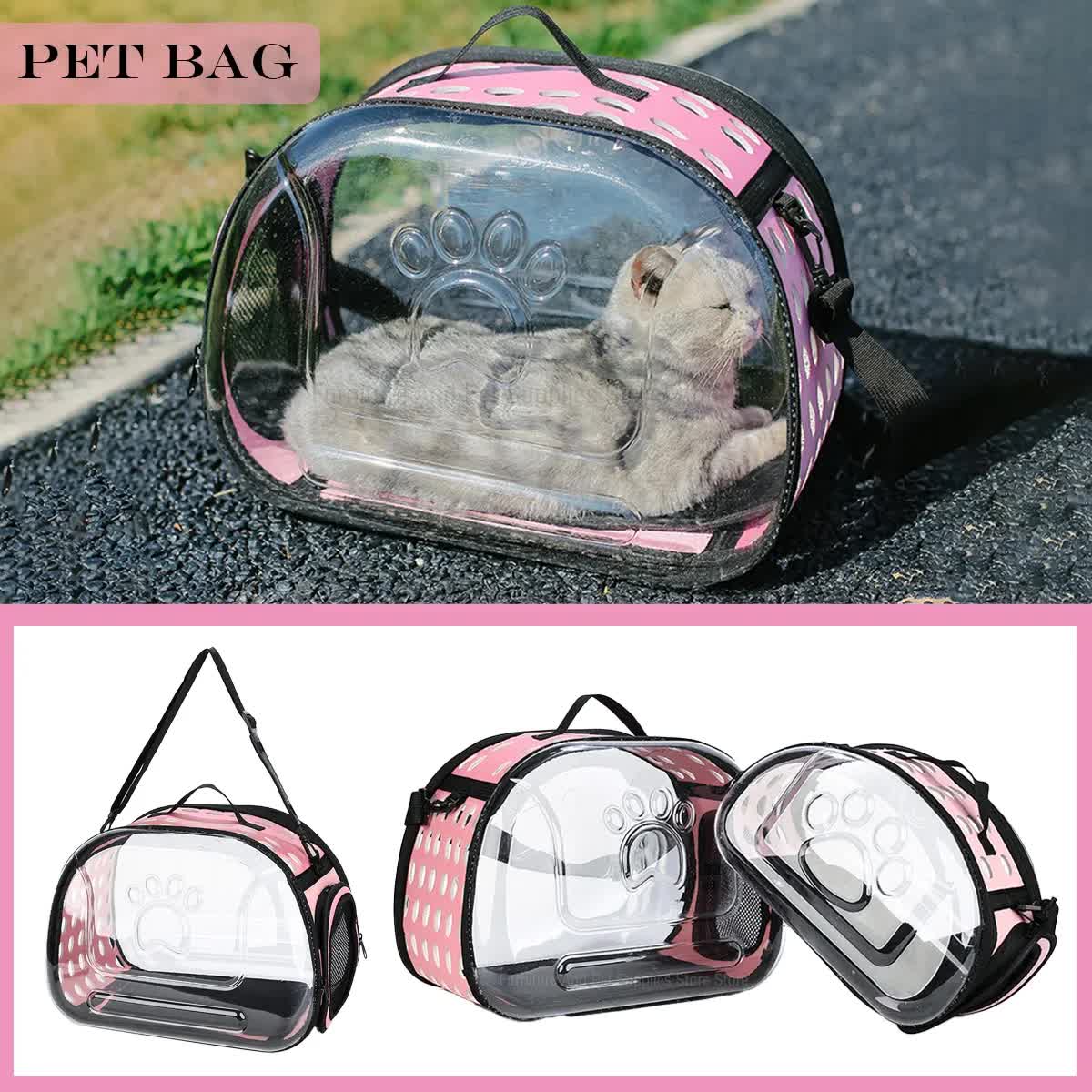 Black Foldable Breathable Pet Carrier with Panoramic Window & Strap - EVA &  Lychee Leather Crossbody Travel Bag (S 35 x 20 x 22CM)