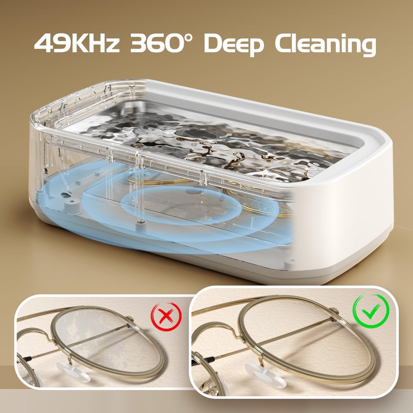 X82 White Ultrasonic Jewelry & Eyeglass Deep Cleaner with Cloth - LCD Digital Display & 5-Level Intelligent Timers and Large 650ml Stainless Steel Tank