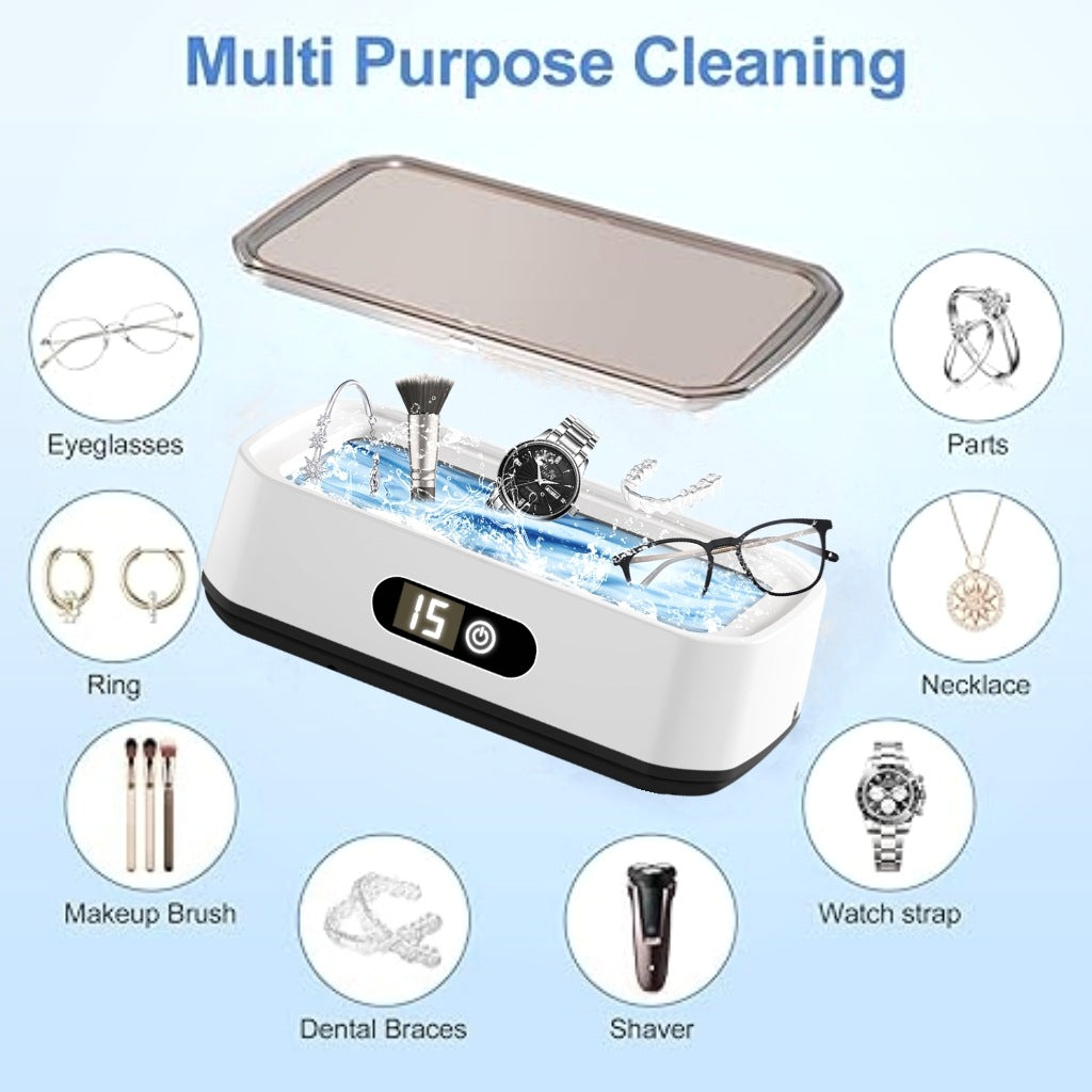 X82 White Ultrasonic Jewelry & Eyeglass Deep Cleaner with Cloth - LCD Digital Display & 5-Level Intelligent Timers and Large 650ml Stainless Steel Tank