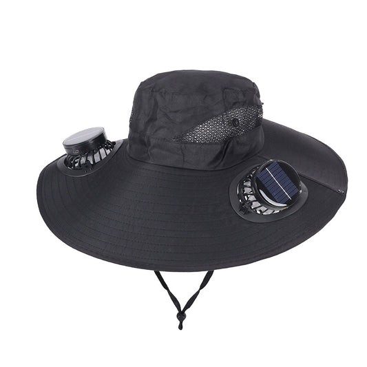 Black Dual Turbo Fan Sun Hat with Round Solar Panel & TypeC Interface - Waterproof 14cm Wide-Brim Cooling Hat for Outdoor Fishing Hiking Camping