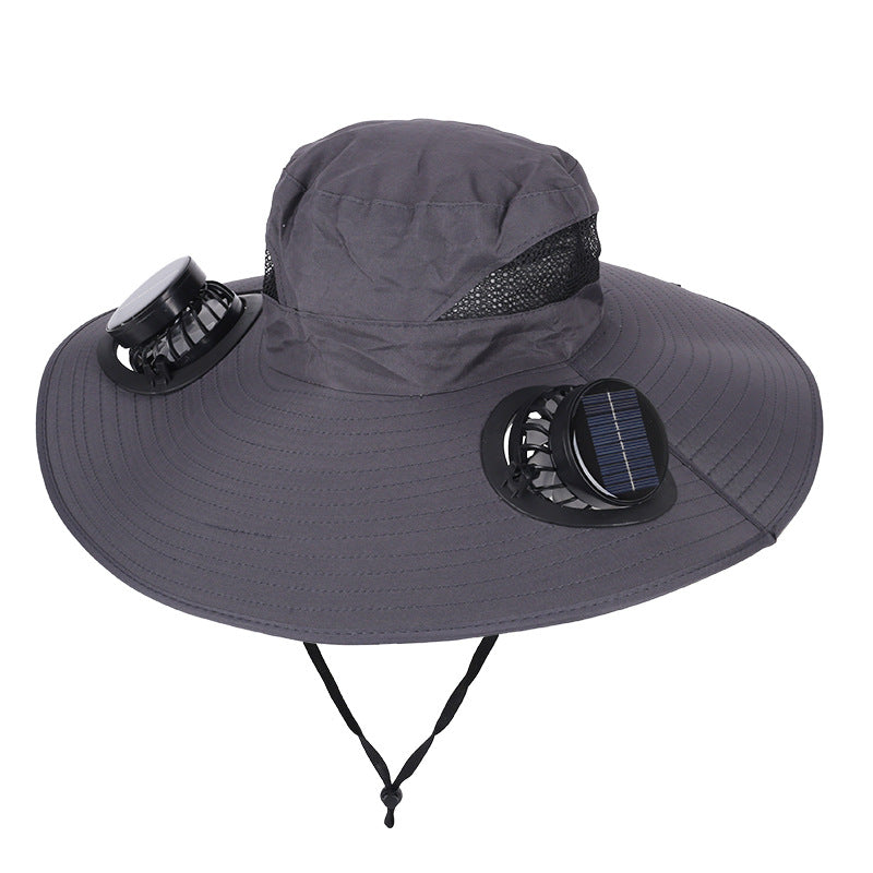 Dark Grey Dual Turbo Fan Sun Hat with Round Solar Panel & TypeC Interface - Waterproof 14cm Wide-Brim Cooling Hat for Outdoor Fishing Hiking Camping