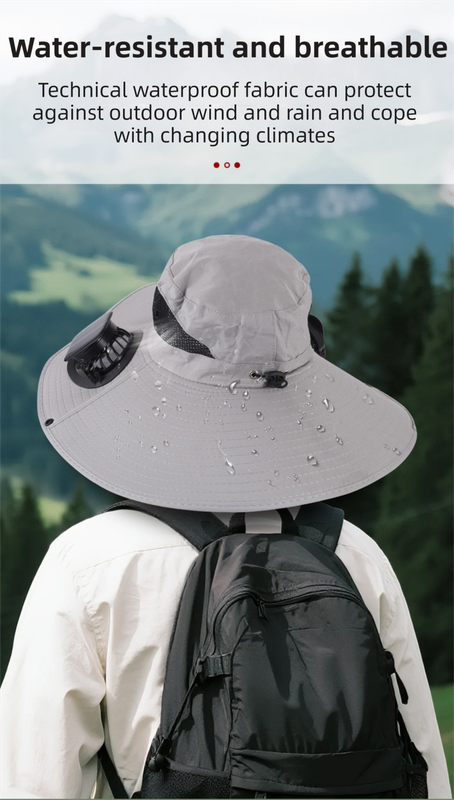 Dark Grey Dual Turbo Fan Sun Hat with Round Solar Panel & TypeC Interface - Waterproof 14cm Wide-Brim Cooling Hat for Outdoor Fishing Hiking Camping