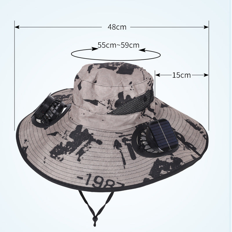 Camouflage Grey Dual Turbo Fan Sun Hat with Square Solar Panel & TypeC Interface - Waterproof 14cm Wide-Brim Cooling Hat for Outdoor Fishing Hiking Camping