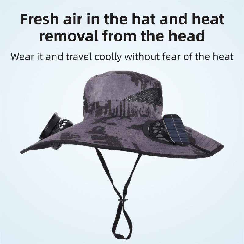 Camouflage Grey Dual Turbo Fan Sun Hat with Round Solar Panel & TypeC Interface - Waterproof 14cm Wide-Brim Cooling Hat for Outdoor Fishing Hiking Camping