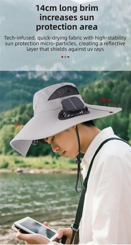Camouflage Green Dual Turbo Fan Sun Hat with Square Solar Panel & TypeC Interface - Waterproof 14cm Wide-Brim Cooling Hat for Outdoor Fishing Hiking Camping