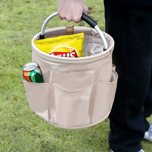 Khaki Foldable Oxford Cloth Round Picnic Basket with Padded Metal Handle - 6 Pocket Large Capacity Storage Tote for Outdoor Beach and Shopping