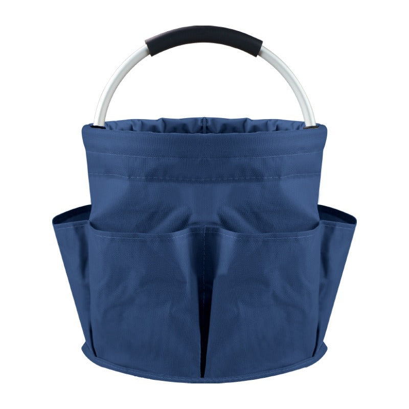 Blue Foldable Oxford Cloth Round Picnic Basket with Padded Metal Handle - 6 Pocket Large Capacity Storage Tote for Outdoor Beach and Shopping