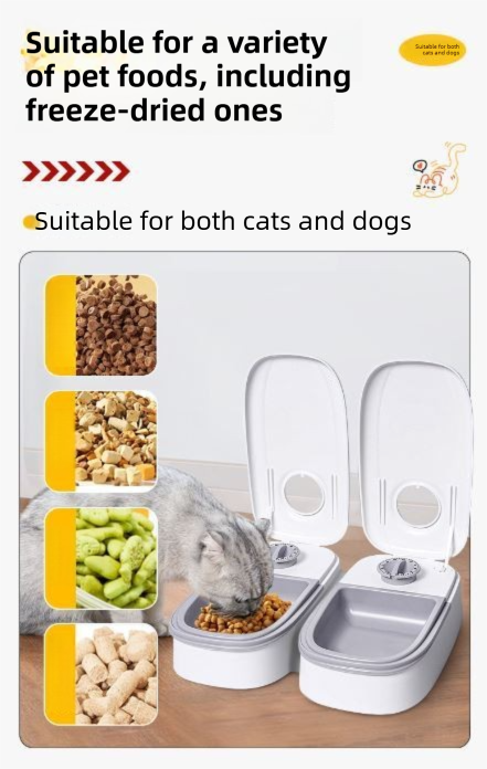 Black Silent Automatic Pet Double Meal Dispenser with Rotary Buckle - Longest 48H Scheduled and Long Battery Life, Detachable for Easy Cleaning