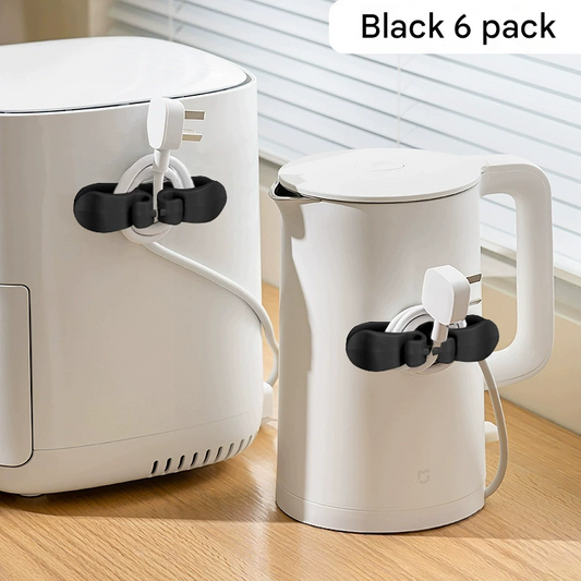 6-Piece Black Flexible Silicone Cord Organizer for Curved & Flat Appliance - Drill-Free Tangle-Free Cable Winder & Plug Holder