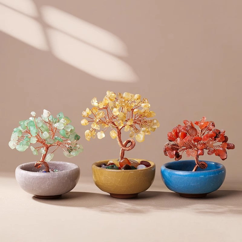 Natural Yellow Crystal Money Tree with Agate Basin & Adjustable Wire Branches - Desktop Feng Shui Decor for Wealth and Prosperity