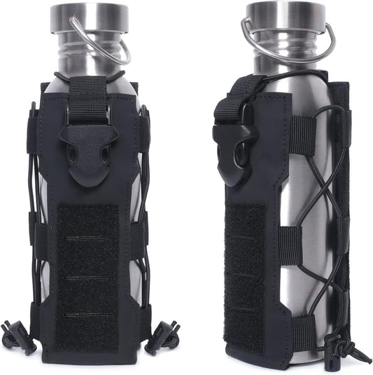 Black Adjustable Tactical Water Bottle Pouch - Multi-Functional MOLLE Compatible Accessory Bag for Hiking & Outdoor Survival