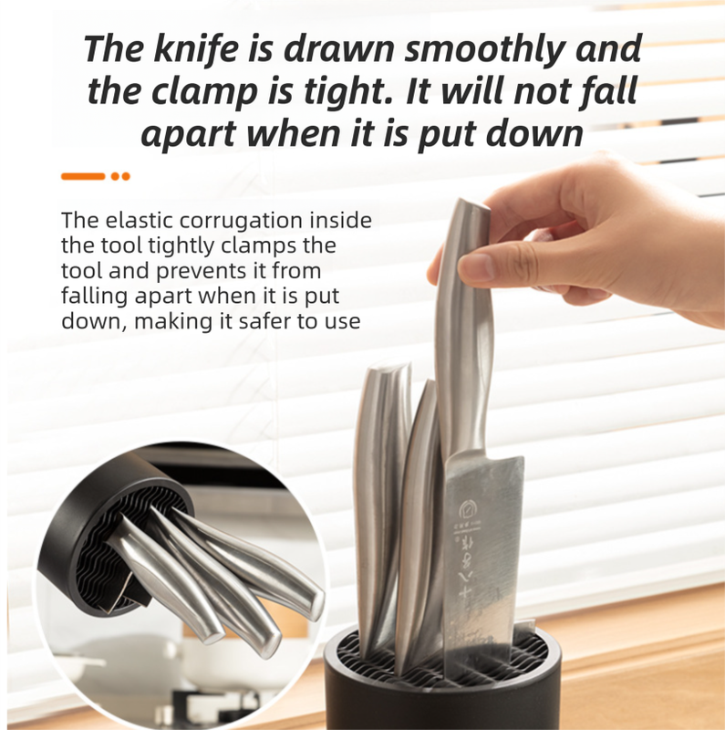 Matte Black Modern Multi-Slot Knife Block with Secure Wave Insert & Drainage - Space-Saving and Smooth Withdrawal, Preventing Fallout Design