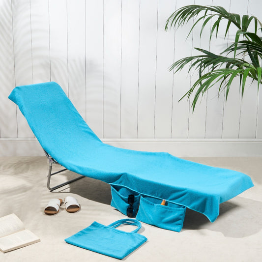 2-in-1 Blue Microfiber Sun Lounger Towel & Portable Tote Bag - Sand-Free & Quick Dry Beach Chair Cover with Side Pockets (75x211cm)