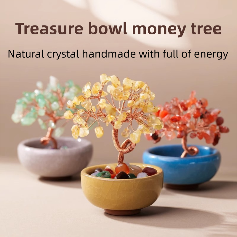 Natural Green Crystal Money Tree with Fortune Basin & Adjustable Wire Branches - Desktop Feng Shui Decor for Wealth and Prosperity