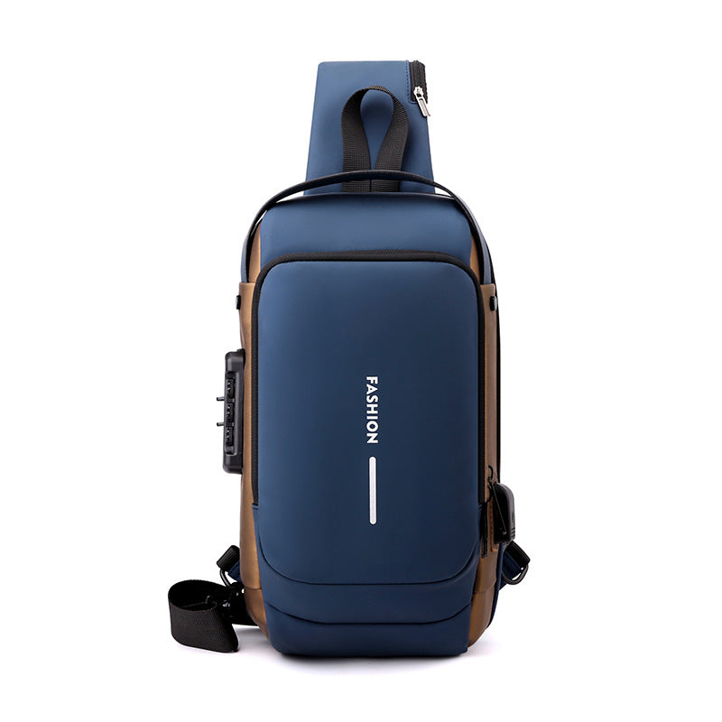 Blue Gold High Capacity Anti-Theft Tactical Chest Bag - Waterproof Leather-Film Sling with USB Charging & TSA Password Lock