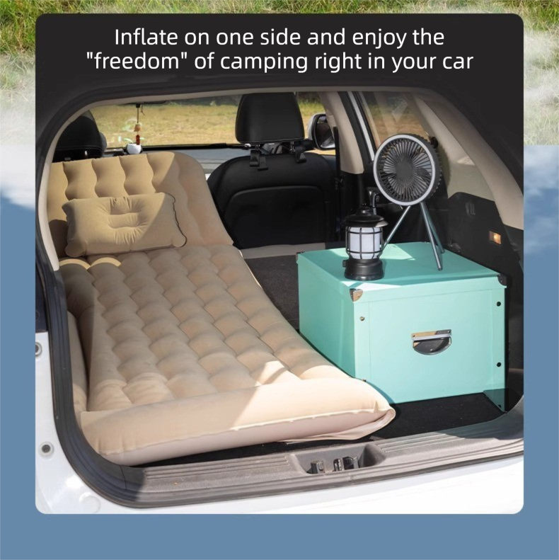 Beige Multi-Chamber Car Inflatable Air Mattress with Electric Pump, Storage Bag & Pillows for Universal Trunk Sleeping and Camping (174 x 126 CM)
