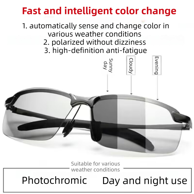 Gun Grey Photochromic HD Sunglass with Anti-Glare/Fatigue Polarization & Impact Resistant Alloy Frame for Day & Night Dual Use