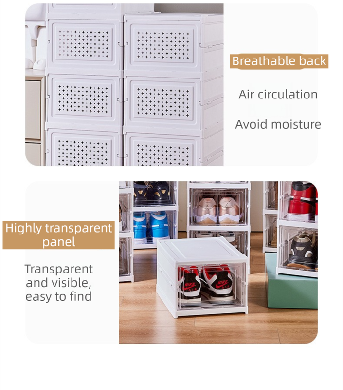 White 3-Layer Foldable Shoe Storage Tower with Transparent Display Panel & Back Ventilation - One-Pull Instant Setup Stackable Box (25.5x34.5x52.5CM)
