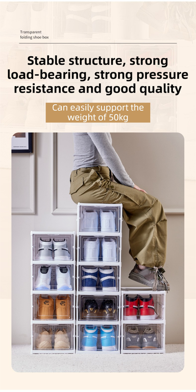 White 6-Layer Foldable Shoe Storage Tower with Transparent Display Panel & Back Ventilation - One-Pull Instant Setup Stackable Box (25.5x34.5x105CM)