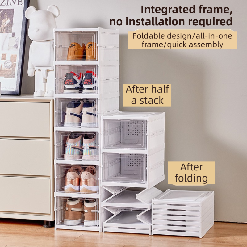 Transparent 6-Layer Foldable Shoe Storage Tower with Transparent Display Panel & Back Ventilation - One-Pull Instant Setup Stackable Box (25.5x34.5x105CM)