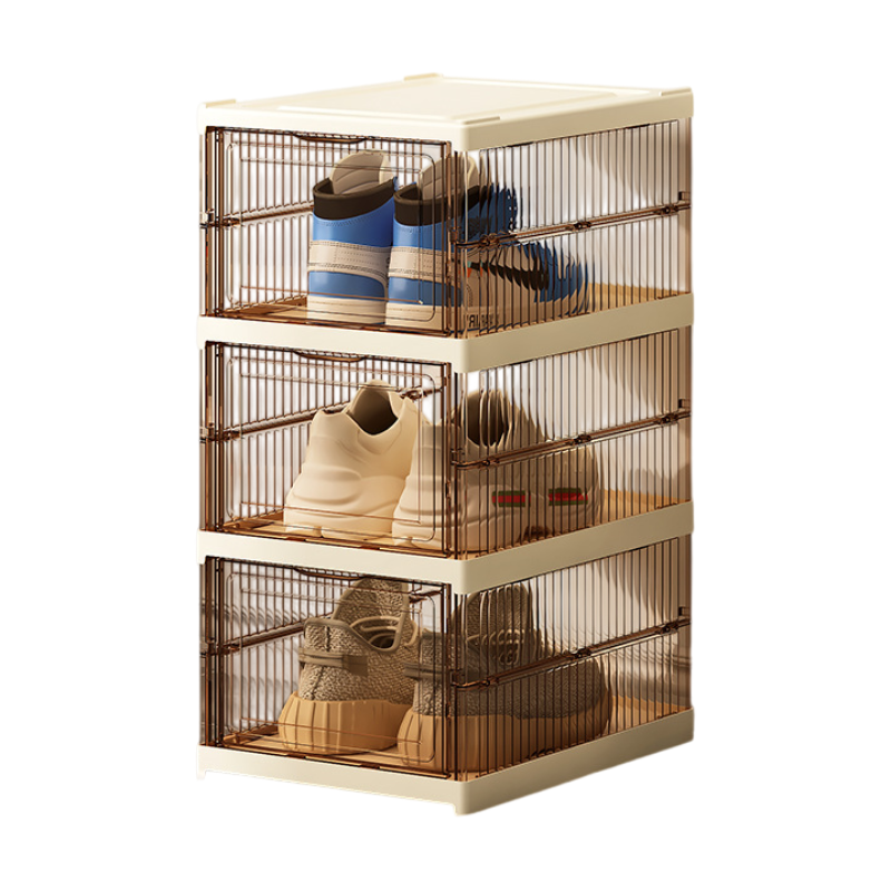Transparent Brown 3-Layer Foldable Shoe Storage Tower with Transparent Display Panel & Back Ventilation - One-Pull Instant Setup Stackable Box (25.5x34.5x52.5CM)