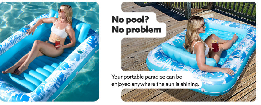 180x118CM Green Deluxe Inflatable Suntan Tub & Floating Pool Lounger with Dual Integrated Cup Holders and Pillow - Portable Sunbathing Pool for Lawn & Water