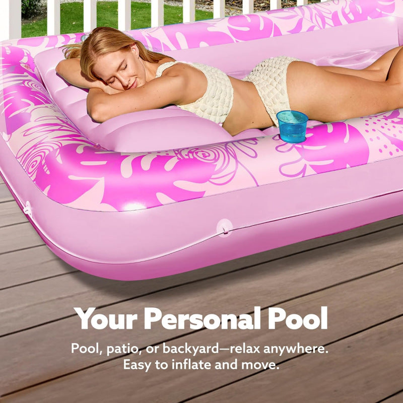 180x118CM Green Deluxe Inflatable Suntan Tub & Floating Pool Lounger with Dual Integrated Cup Holders and Pillow - Portable Sunbathing Pool for Lawn & Water