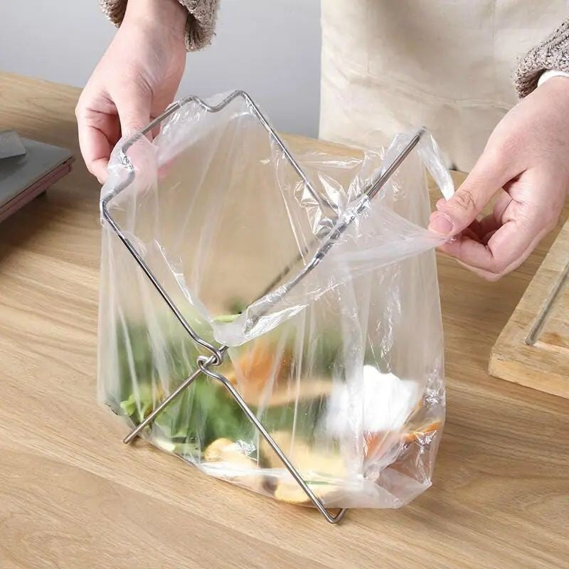 2-Pack Foldable Stainless Steel Trash Bag Holder (17 x 21 CM) - Multi-Functional Kitchen Countertop Organizer for Plastic Bag & Dishcloth