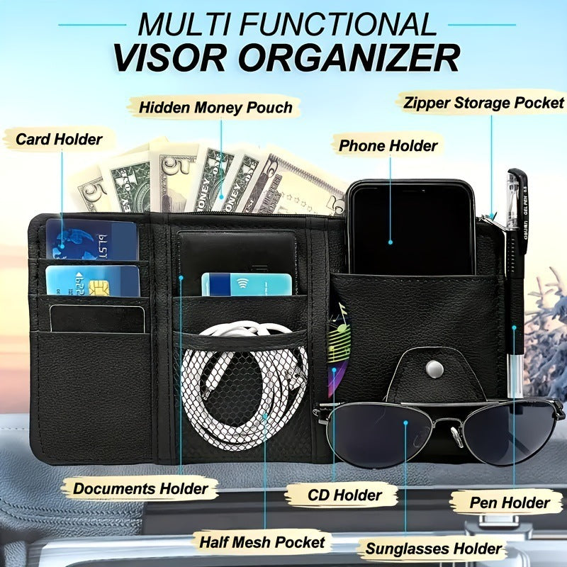 Blue Premium Leather Car Sun Visor Organizer - Secure Zippered Storage Pouch with Card, Document & Eyewear Clip
