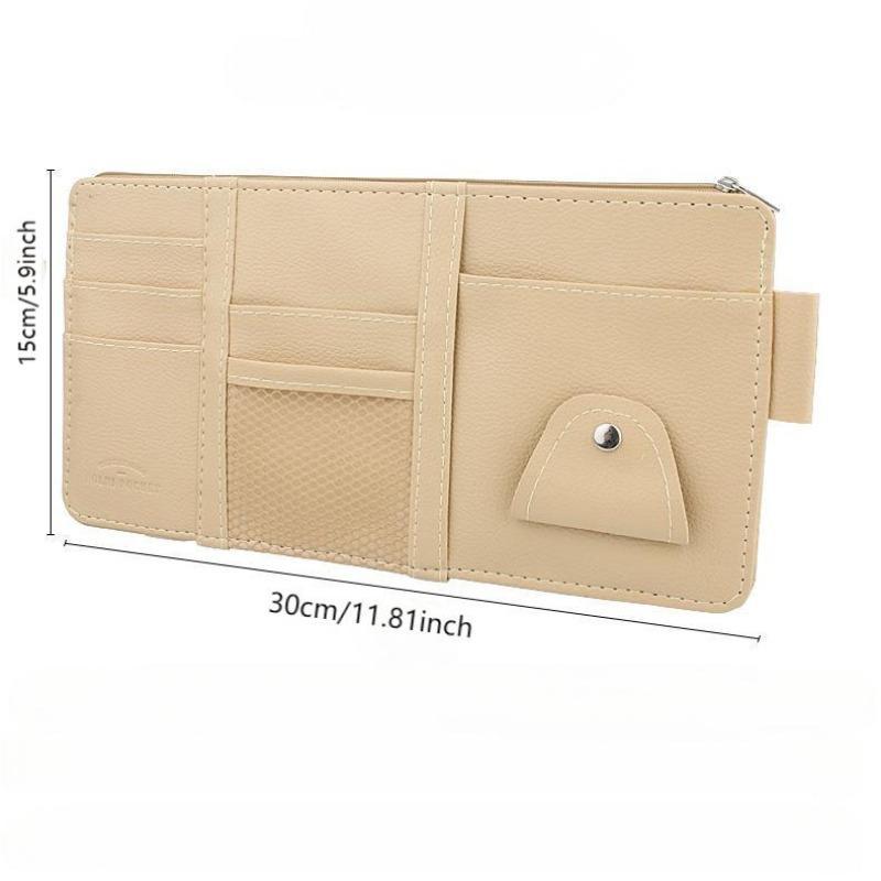 Beige Premium Leather Car Sun Visor Organizer - Secure Zippered Storage Pouch with Card, Document & Eyewear Clip