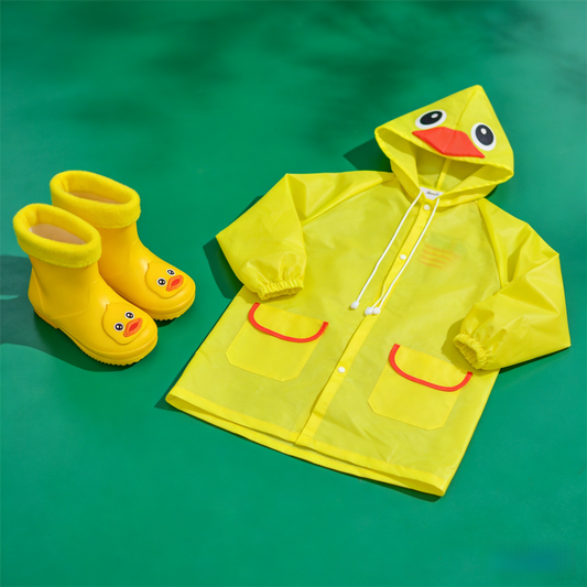 Kids Cartoon Rain Gear Set - Eco-Friendly Odorless Yellow Duck Raincoat & Matching 17cm Duck Rain Boots with Detachable Warm Cotton Liner