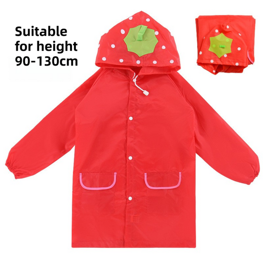 Red Strawberry Kids Cartoon Animal Raincoat - Waterproof Hooded Rain Poncho for Toddlers & Students (90-130CM Height)