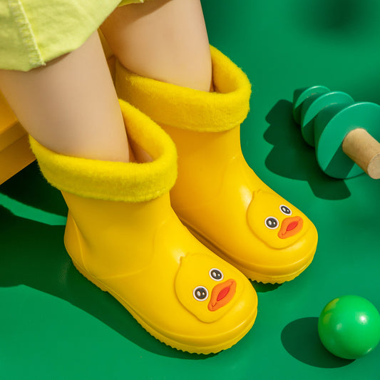 Cute Yellow Duck Kids Rain Boots with Removable Warm Cotton Liner - Waterproof Anti-Slip Toddler Wellies for Foot Length 14CM